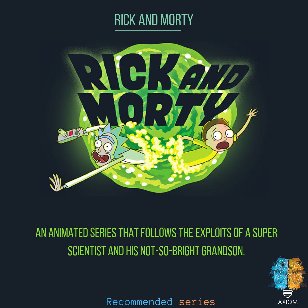 AxiomNsut's tweet photo. *Rick and Morty*
Rick and Morty is an American sitcom.

Axiom highly recommends Rick and Morty for the daily dose of thought provoking thoughts.
Cheers!
Stay tuned for more.
#axiom #nsut #AxiomRecommends #rickandmorty https://t.co/26ZHpOLVlt