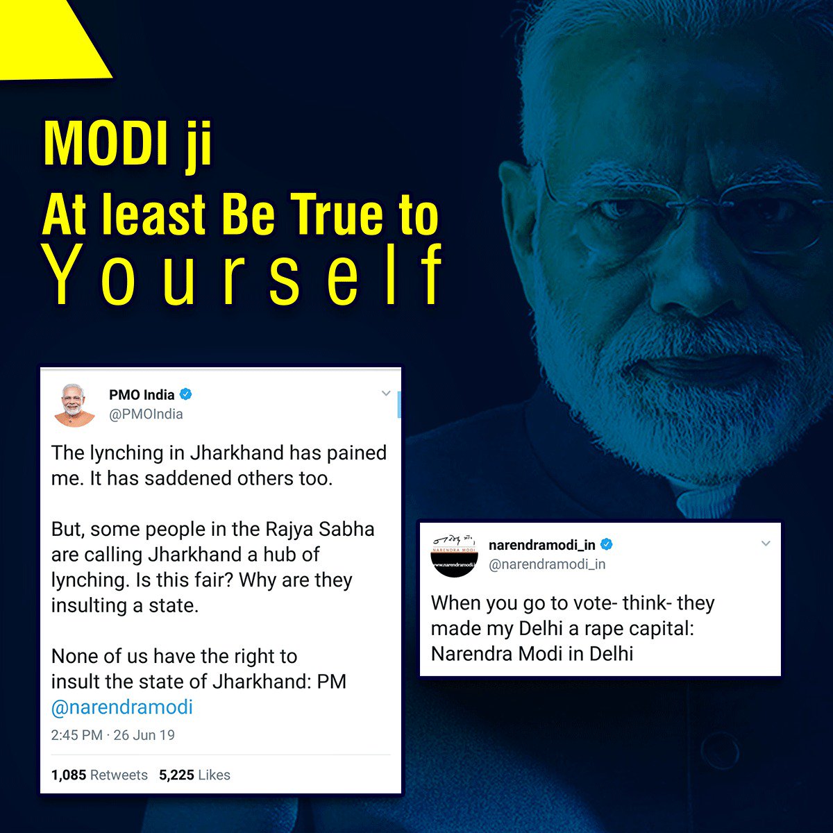Modi ji once termed Delhi as the 'Rape Capital' of India while today in Parliament he was playing a victim card when questions were raised on deteriorating law and order situation in Jharkhand.
Modi ji at least try being true to yourself.
#JharkhandLynching