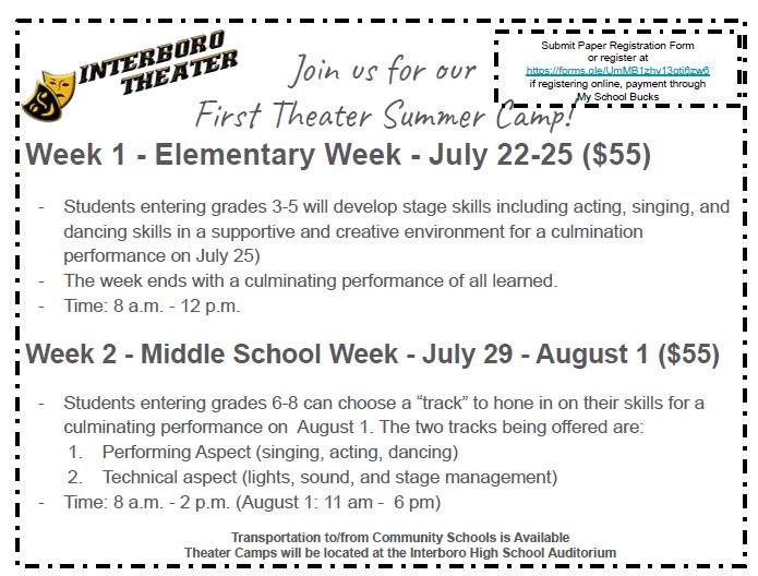 ISD_Curriculum's tweet photo. THEATER CAMP for students entering 3rd – 8th grades!  Located at Interboro HS, Transportation Provided, $55
-Students ENTERING grades 3-5: 7/22-7/25 (8:00 a.m. – 12:00 noon) 
-Students ENTERING grades 6–8: 7/29-7/31 (8:00 a.m. – 2:00 p.m.) and 8/1 (11:00 a.m – 6:00 p.m.) https://t.co/PQ20DZlRhn