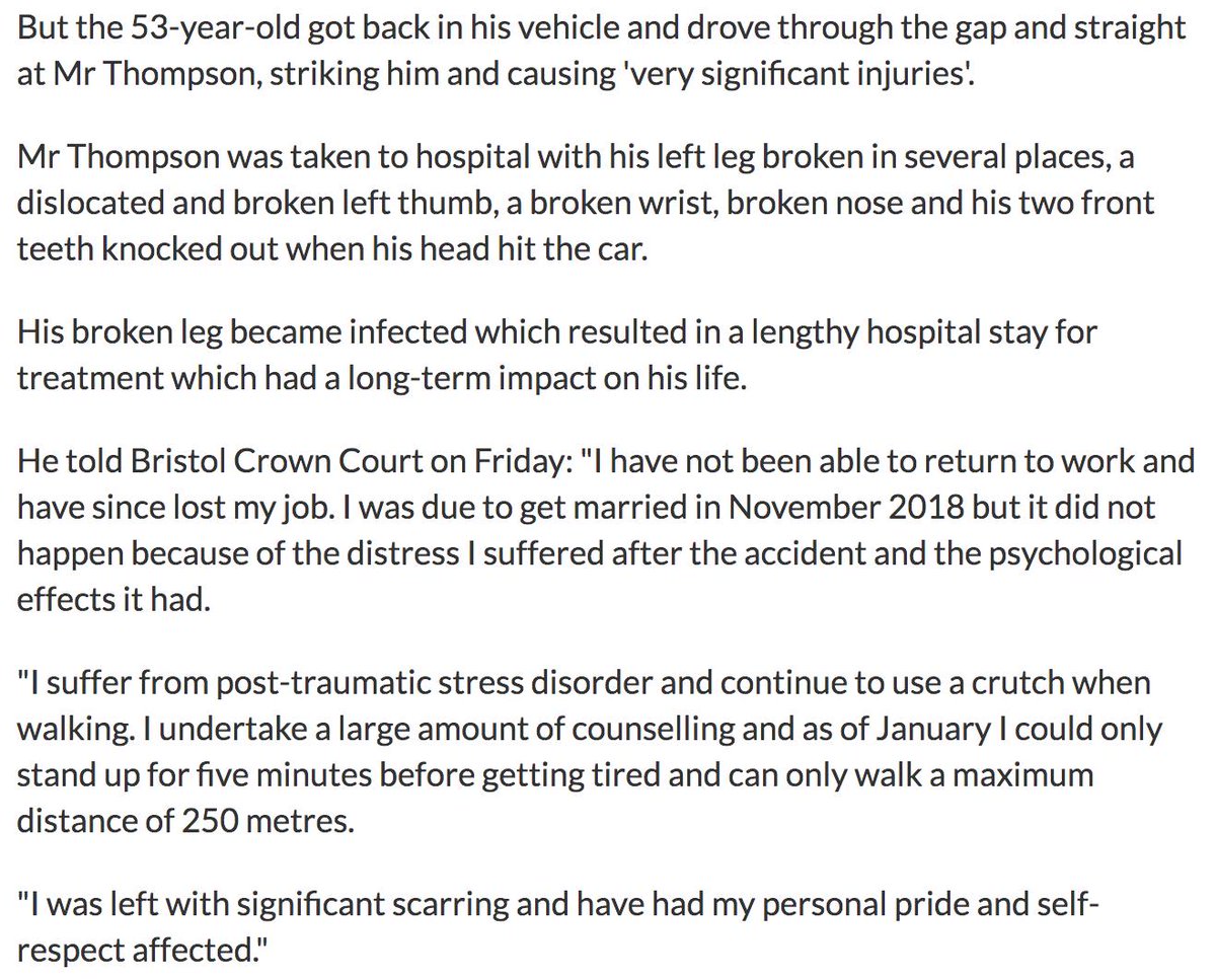 Kevin Sandy was asked by a traffic management officer not to move a cone to jump a queue. Incensed, he got into his car and mowed the officer down, then drove away. The officer's multiple injuries and resultant PTSD cost him his job and wedding. 18 months jail, 2¾ year ban.