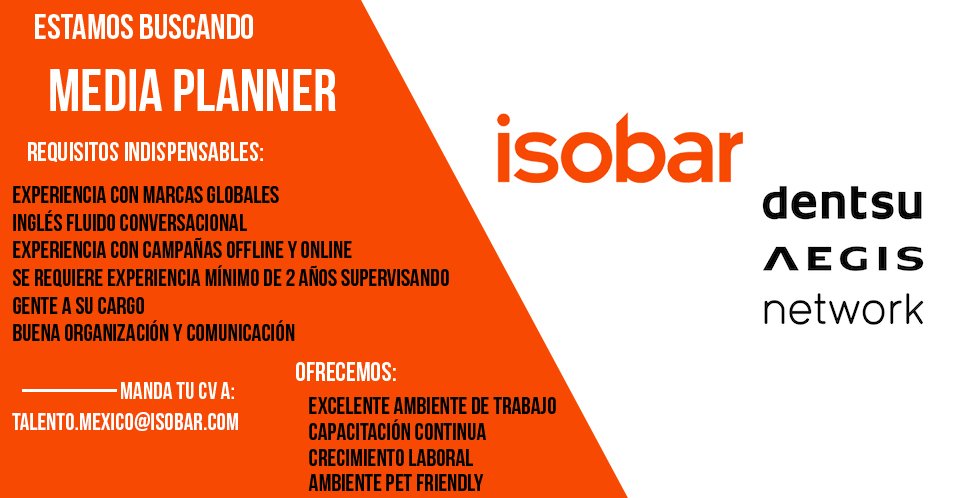 TalentoIsobarMx's tweet photo. No olviden que tenemos estás búsquedas de talento en #IsobarMx #EmpleoMx #DiseñadorWeb #Trafficker #MediaPlanner https://t.co/7Dfs5zVF3Y