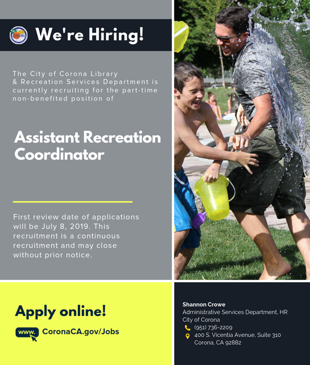 The City of Corona Library and Recreation Services Department is hiring an Assistant Recreation Coordinator. Apply now! CoronaCA.gov/Jobs
#CoronaJobs