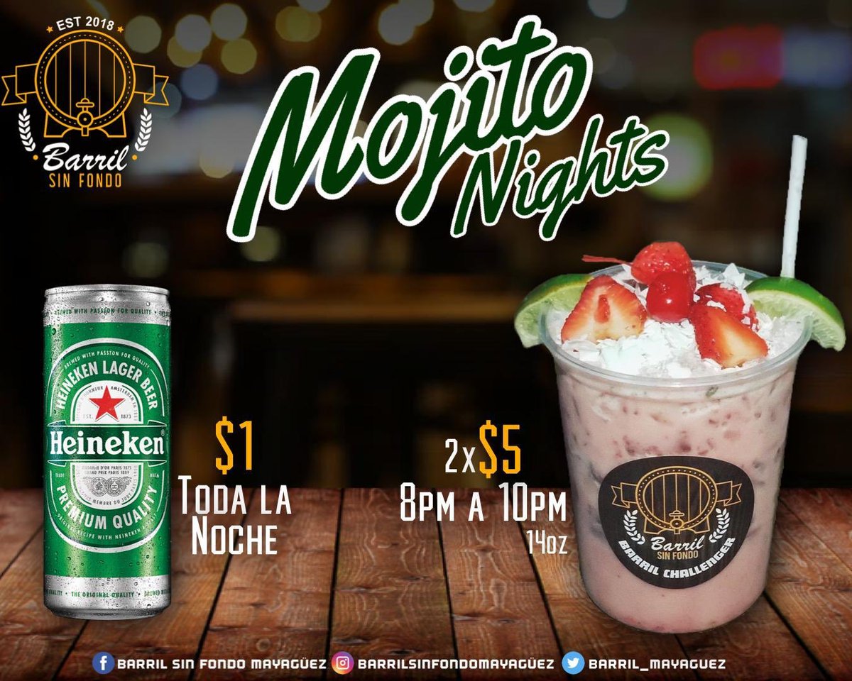 👁NOCHE DE MOJITOSSSS👁

Ven y disfruta de nuestro repertorio de mojitos🔥

Mojitos 2x$5 8@10pm 

Heineken lata $1 👀hasta que se acaben 👀

#barriltakesover 
#a200millaspalbarril 
#bestmojitosintown 
#housesessions