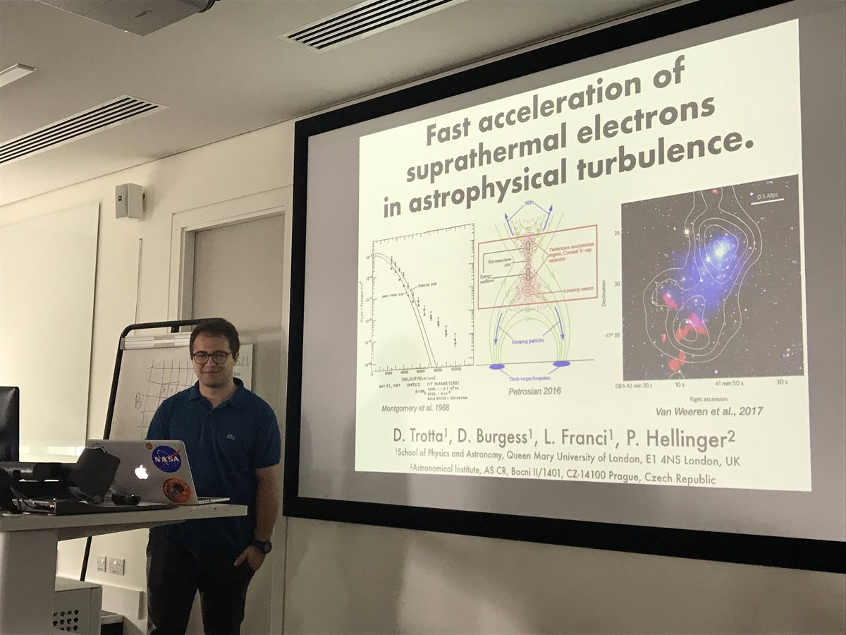 DVerscharen's tweet photo. Domenico Trotta (@dtrottao) from @QMUL kicking off our short #plasma presentations at the #London #Space #Plasma Meeting. He’s talking about electron acceleration in #astrophysics. 💥@IC_SpaceAtmos @MSSLSpacePlasma https://t.co/i4qcMe32jL