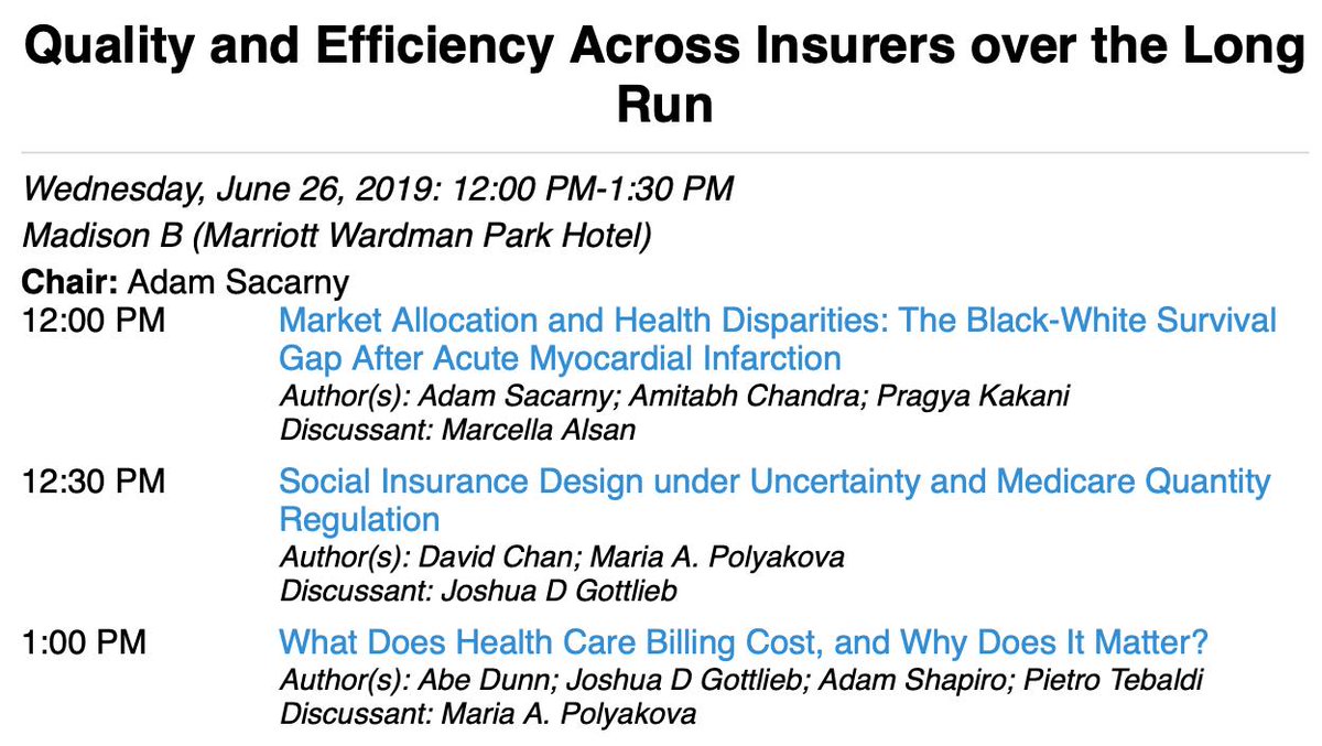 asacarny's tweet photo. 10 minute warning!! #ASHEcon19 final sesh: Quality and Efficiency Across Insurers over the Long Run
- Polyakova on social insurance design under uncertainty
- Tebaldi on health billing costs
- me on market allocation + health disparities
Marriot Madison B
https://t.co/b4z82PIHay https://t.co/bPzjZAPtVK