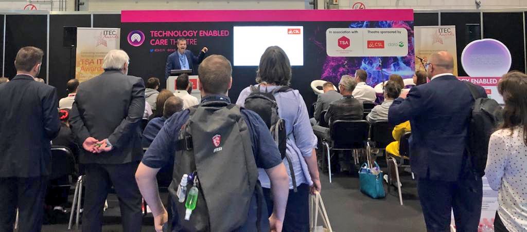 CSLGroupLtd's tweet photo. Our Director, Phil Hollett presenting at #HealthPlusCare this afternoon, discussing why the sector must embrace the move from analogue to digital and the opportunities this presents for all of us #DHS19 https://t.co/OG9S07kohJ
