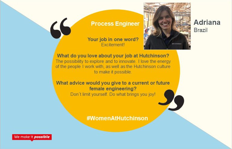 Hutchinson_Co's tweet photo. #HelloTalents! Ladies, it is never too late to work in the #automotive, #aeronautical or #railway industry! Adriana π§π· one of our #WomenAtHutchinson share with us what she loves in her job and what would she say to a future female engineering ! #GirlsPower #WorkingAtHutchinson https://t.co/ij4aJMKj0c