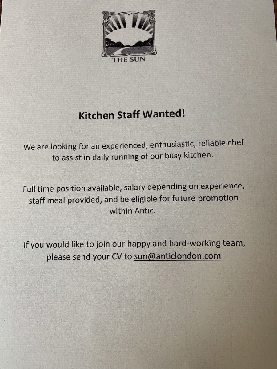 SunofCamberwell's tweet image. We are looking for kitchen staff to join our happy family!
#kitchenjob #job #happy #happyworkplace @AnticPubs