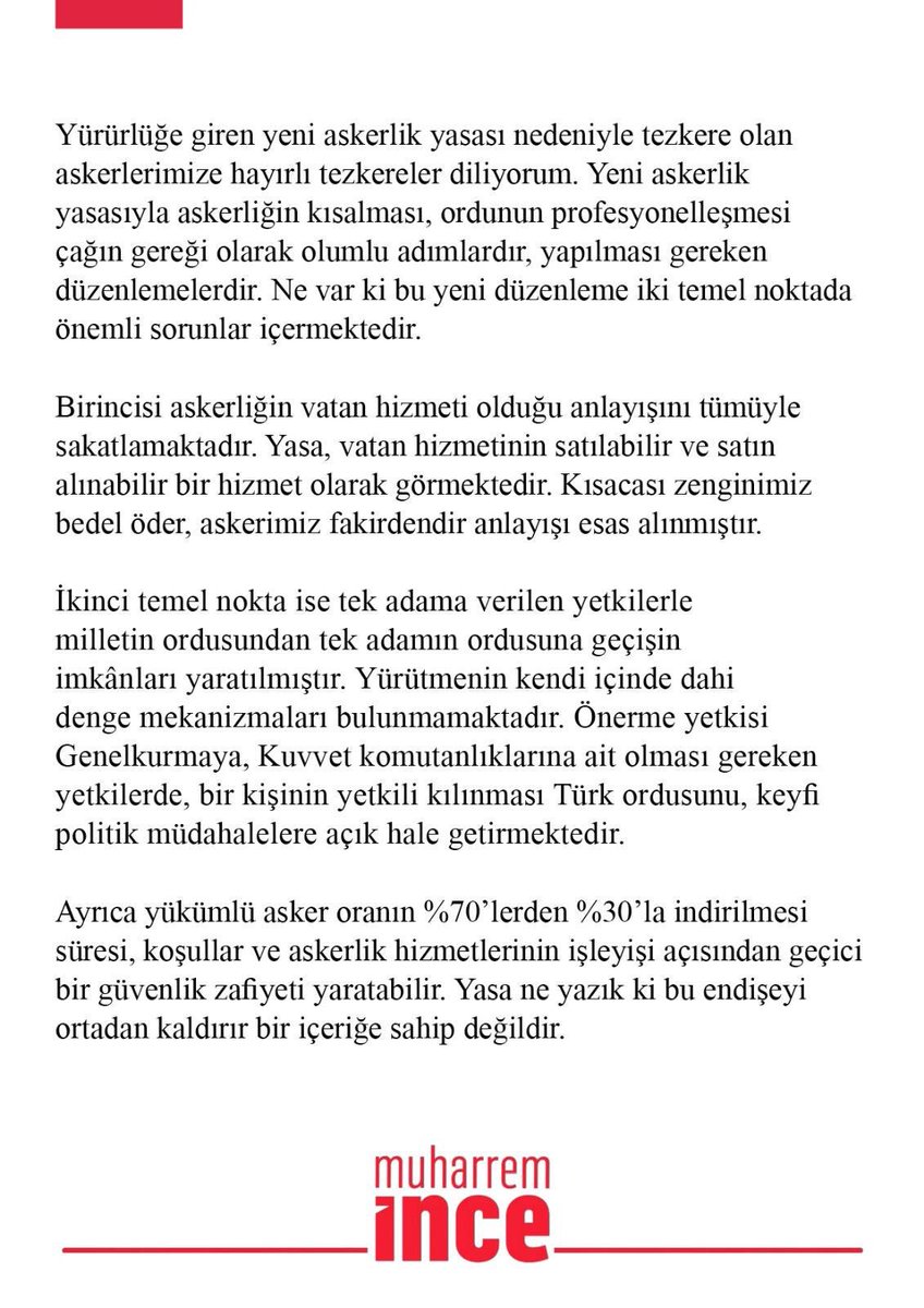 Yürürlüğe giren yeni askerlik yasası askerliğin vatan hizmeti olduğu anlayışını tümüyle sakatlamaktadır. Yasa, vatan hizmetinin satılabilir ve satın alınabilir bir hizmet olarak görmektedir. Kısacası zenginimiz bedel öder, askerimiz fakirdendir anlayışı esas alınmıştır.