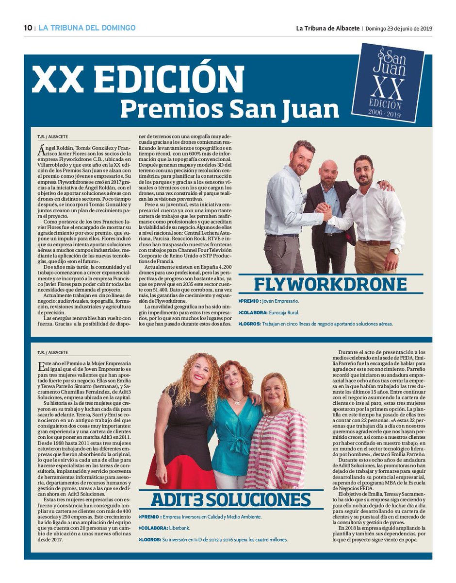 Los #PremiosSanJuan19 en <a href="/TribunaAlbacete/">Tribuna de Albacete</a>:
- Premio Joven Empresario para Ángel Roldán, Tomás González y Francisco Javier Flores, de <a href="/FlyWork_Drone/">FlyWork Drone</a> 
- Premio Mujer Empresaria para Emilia Parreño, Teresa Parreño y Sacramento Chumillas, de @Adit3soluciones
buff.ly/2Y8UJcs