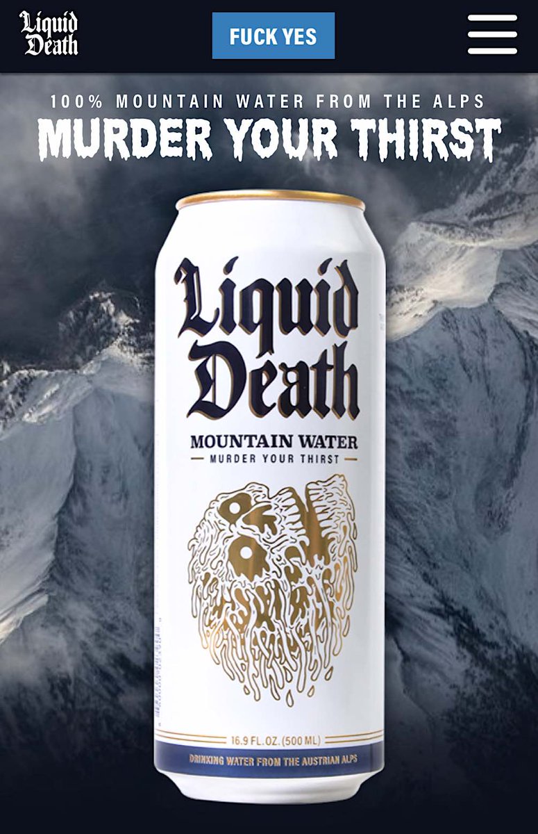 Webpage shows a can of water ("Liquid Death") with headline: "Murder your thirst"