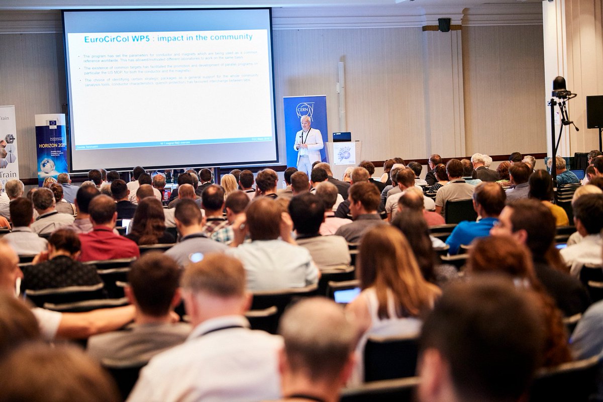 FCC_study's tweet image. Davide Tommasini (@CERN) presents the latest news from the development of the #FutureCircularCollider 16 Tesla magnet development program. Design, manufacture and test of model magnets with the support of Horizon 2020 EuroCirCol project. #FCCweek19