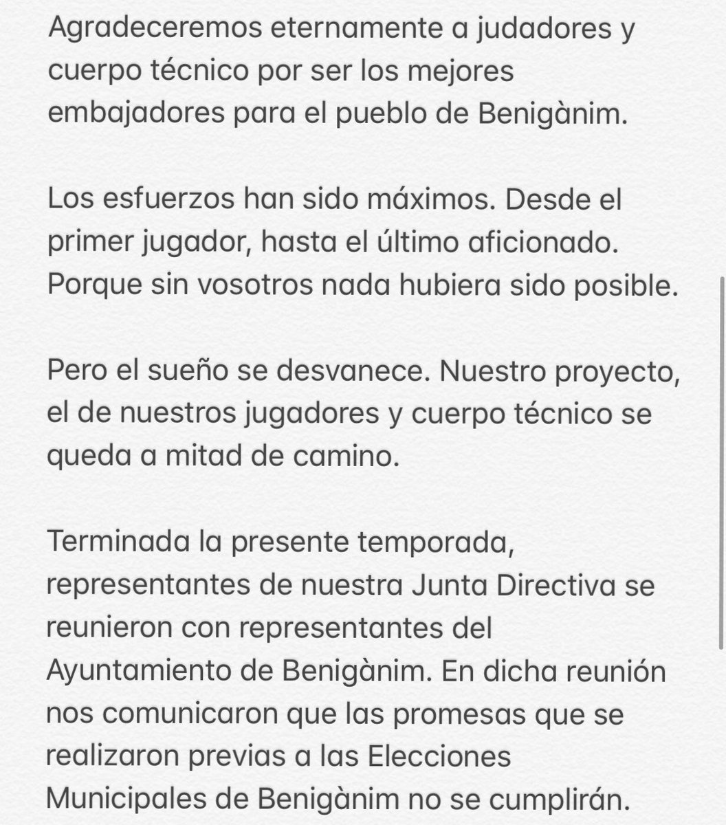 siabeniganim's tweet photo. COMUNICADO OFICIAL 26/06/2019
———————————————

La Junta Directiva de la U.D. Benigànim, reunida ayer martes, 25 de Junio de 2019, ha acordado su dimisión en bloque. https://t.co/jX9A8EzFO4
