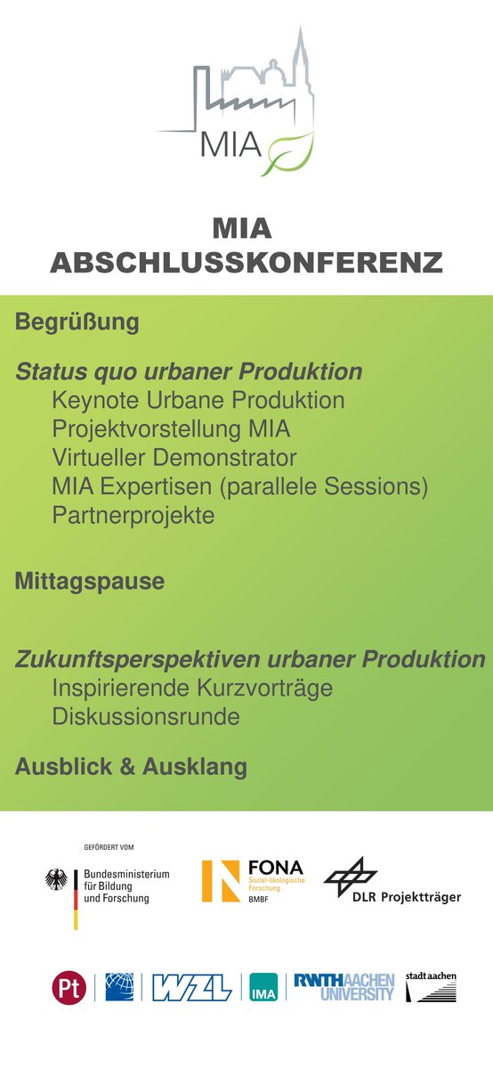 MIA Abschlusskonferenz:  11.07.2019, 10:00 bis 16:00 Uhr im Forum M in Aachen 
Verbringt mit uns einen Tag zum Thema #urbaneproduktion ‼️ 
Anmeldung unter: mia-projekt.de/events/abschlu…
Seid dabei!
 #MIA #gefälltMIA #Aachen #wissenschaft #abschlusskonferenz