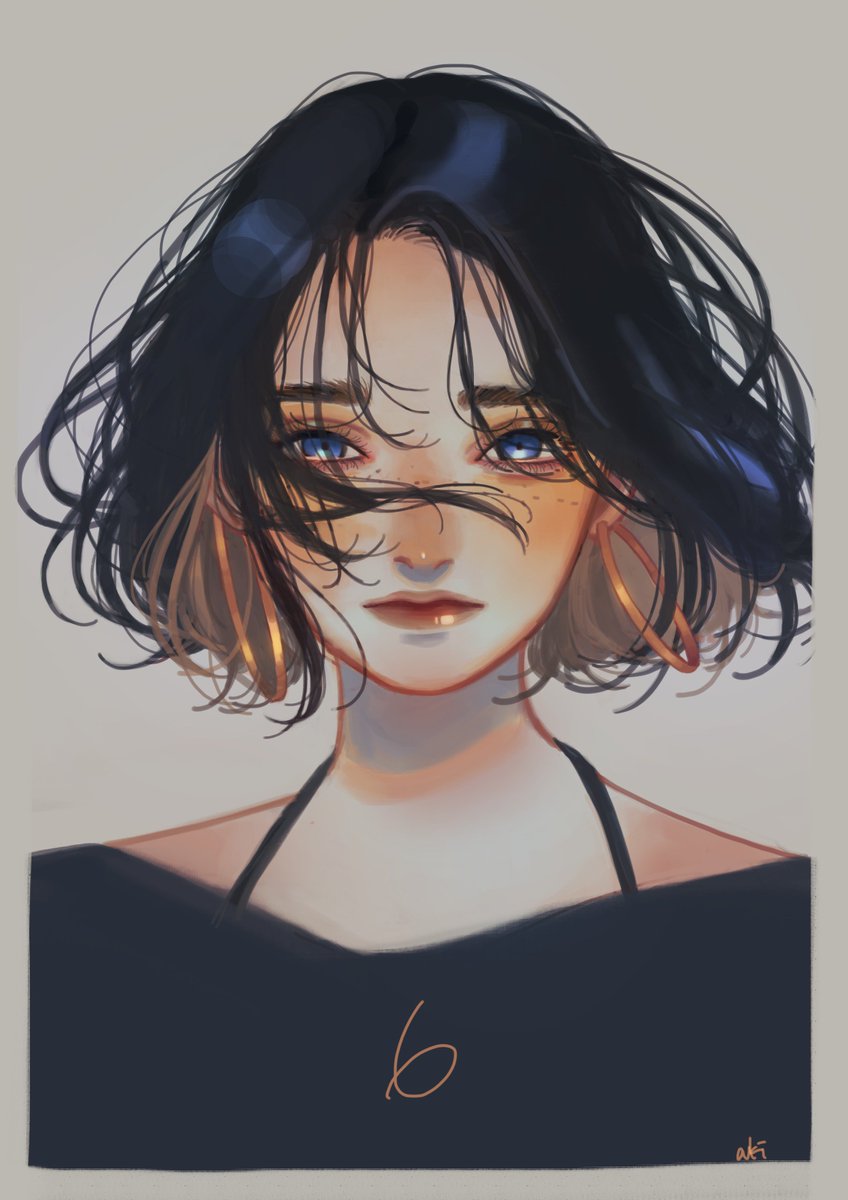 1girl solo jewelry earrings blue eyes black hair short hair  illustration images