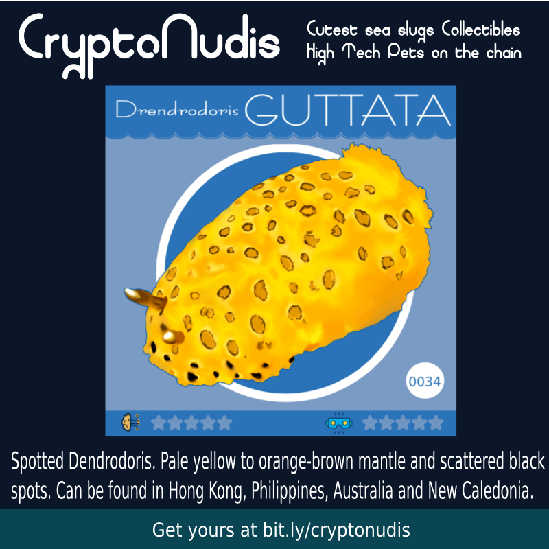 Spotted Dendrodoris. Pale yellow to orange-brown mantle and scattered black 
spots. Can be found in Hong Kong, Philippines, Australia and New Caledonia. 

Check out this cutie at  : opensea.io/assets/0x48718…