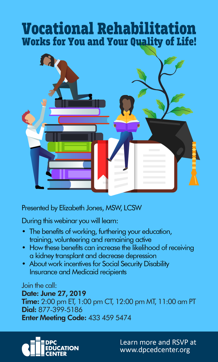 PatientCitizen's tweet photo. Tomorrow: Vocational Rehabilitation Works for You and Your Quality of Life! Elizabeth Jones, MSW, LCSW will talk about work incentives for Social Security Disability Insurance and Medicaid recipients. Sign up: https://t.co/WqUXPskS2b #VocRehab #webinar https://t.co/P4qutj1v52