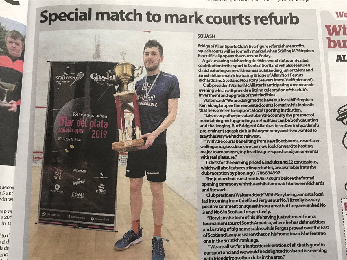 Many thanks to <a href="/StirObserver/">Stirling Observer</a> for gr8 show!
All <a href="/boasportsclub/">Bridge of Allan Sports Club</a> looking forward to appearance of <a href="/Scottish_Squash/">Scottish Squash 🏴󠁧󠁢󠁳󠁣󠁴󠁿</a> <a href="/EastSquash/">East Scotland Squash</a> #ace <a href="/Rorystewart_17/">Rory Stewart</a> to help christen our new rennovated courts on Friday night!! #GameOn <a href="/activestirling1/">Active Stirling Ltd</a> <a href="/stewartpenman/">Stewart Penman</a>