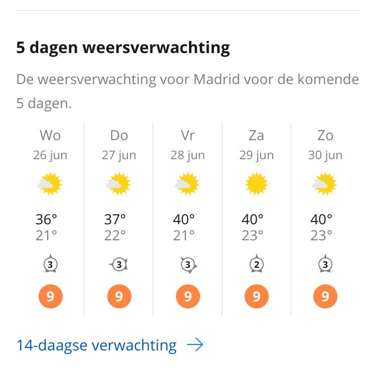 GAlphen's tweet photo. Even het weer gecheckt voor mijn vriendinnentrip #Madrid. Wat voor kleding stop ik met deze temperaturen in mijn koffer?? #kledingtips #citytrip #hitte https://t.co/4eA5bI7W3R