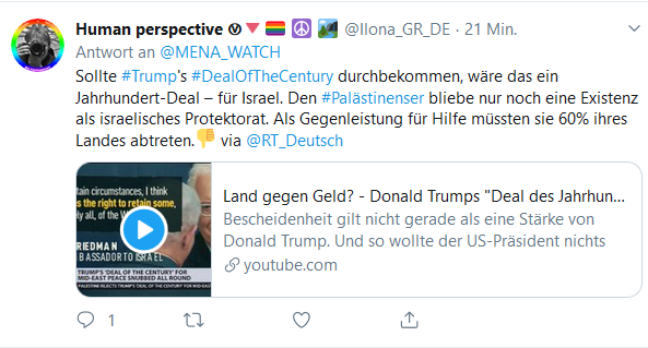 MENA_WATCH's tweet photo. @Ilona_GR_DE Haben Sie jetzt schnell den Verweis auf #RT_Deutsch gelöscht, damit niemand mehr bemerkt, dass Sie sich bei Ihren erfundenen Behauptungen ("60% ihres Landes abtreten") auf russische Propagandaschleudern beziehen? https://t.co/BVQu3tmVLy