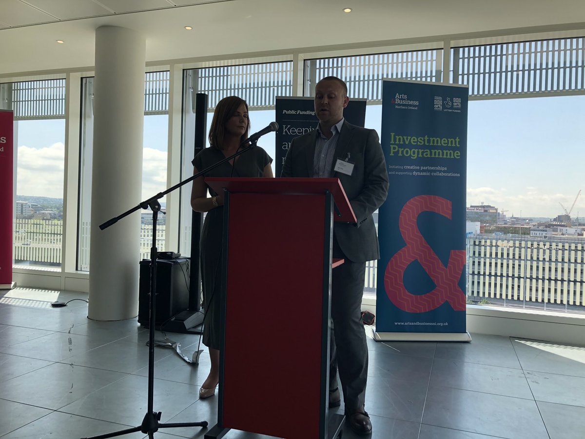 Gcampbellini's tweet photo. Dean & Helen from @Citi talking about their company’s engagement with @tinderboxNI in particular in relation to the play ‘The man who fell to pieces’. For Citi, focusing on the theme of mental health in partnership with the arts was integral for staff care and support. #abni https://t.co/odF8OFrguv