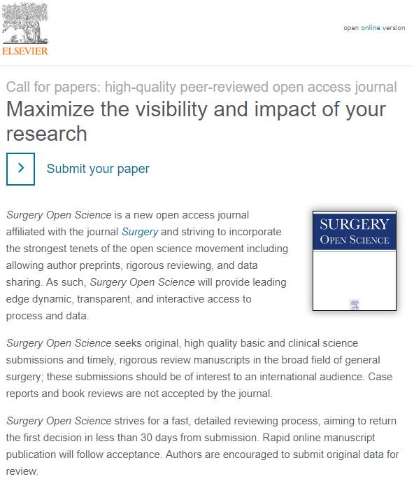 SurgeryOpen's tweet image. Call for papers: @ELSSurgery is seeking manuscript submissions for a new high-quality peer-reviewed open access journal, sister journal to @SurgJournal bit.ly/2IOJDnL