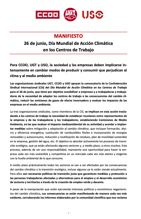 CCOO's tweet photo. Manifiesto Día Mundial de Acción Climática en los Centros de Trabajo
@CCOO-@UGT_Comunica -@USOConfe
#cPOW #ClimateProofOurWork
https://t.co/BF3YoF2meH https://t.co/bC9ZDYennI