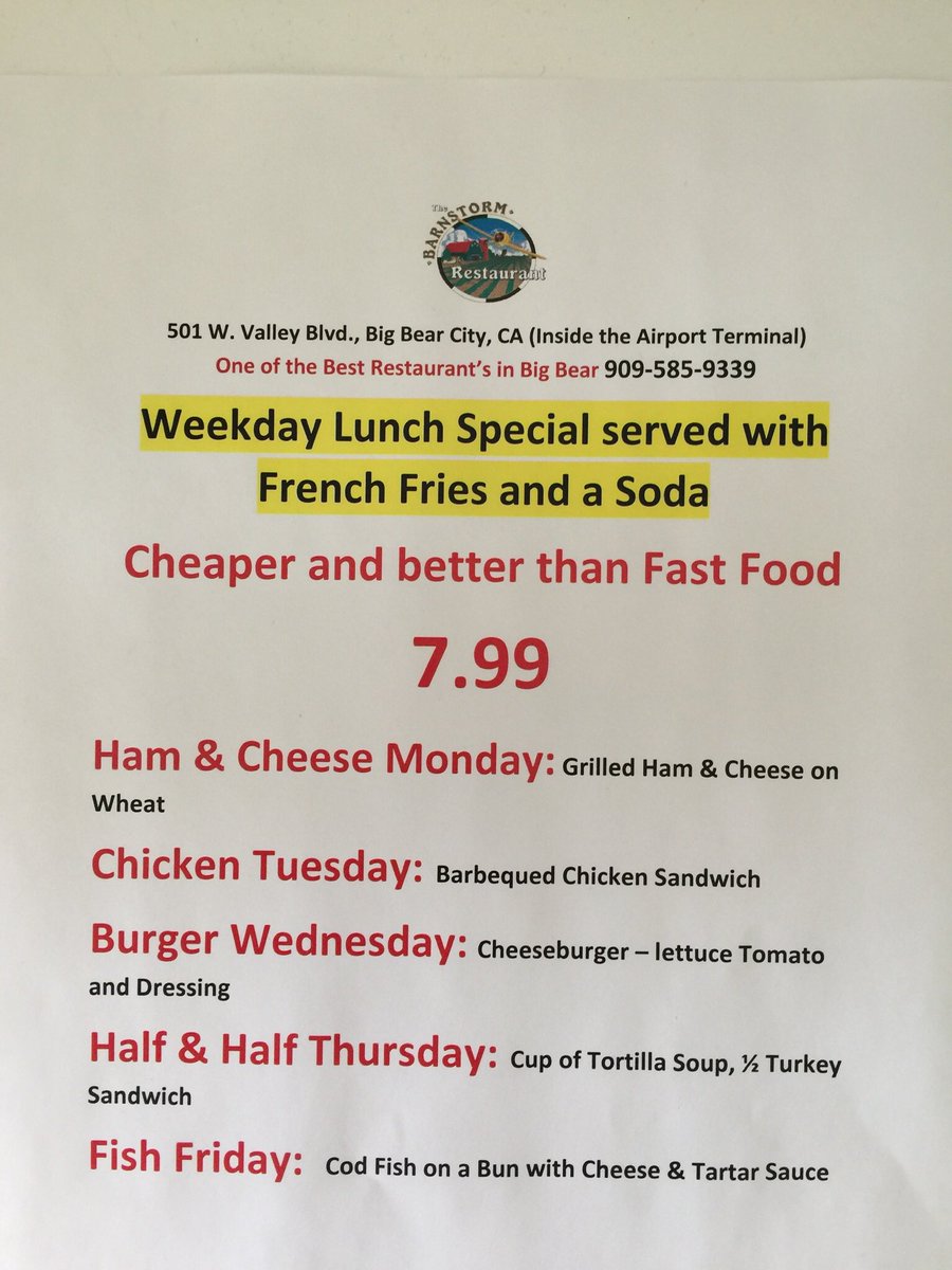 BarnstormRestau's tweet photo. Customers say inside the airport terminal in big bear city is a hidden gem and has lots of parking they have great weekday specials for 7 .99 and most of all the food is outstanding  909-585-9339 https://t.co/KW5noNcfgZ