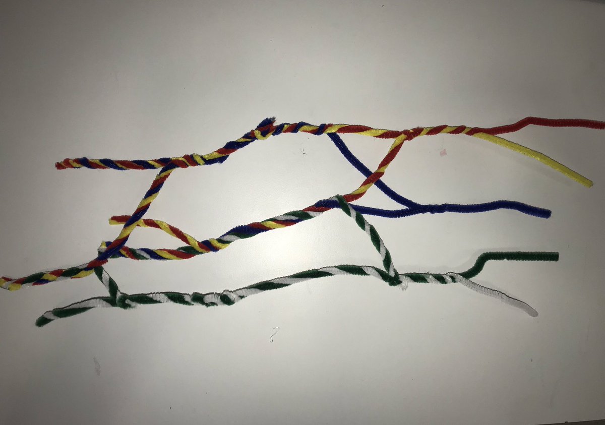 Brachial plexus using pipe cleaners- each spinal nerve from C5-T1 are represented by their own colours and continue to the terminal branches that they contribute to #anatomy #AnatomyEducation 
Red- C5
Yellow-C6
Blue- C7
Green- C8
White- T1