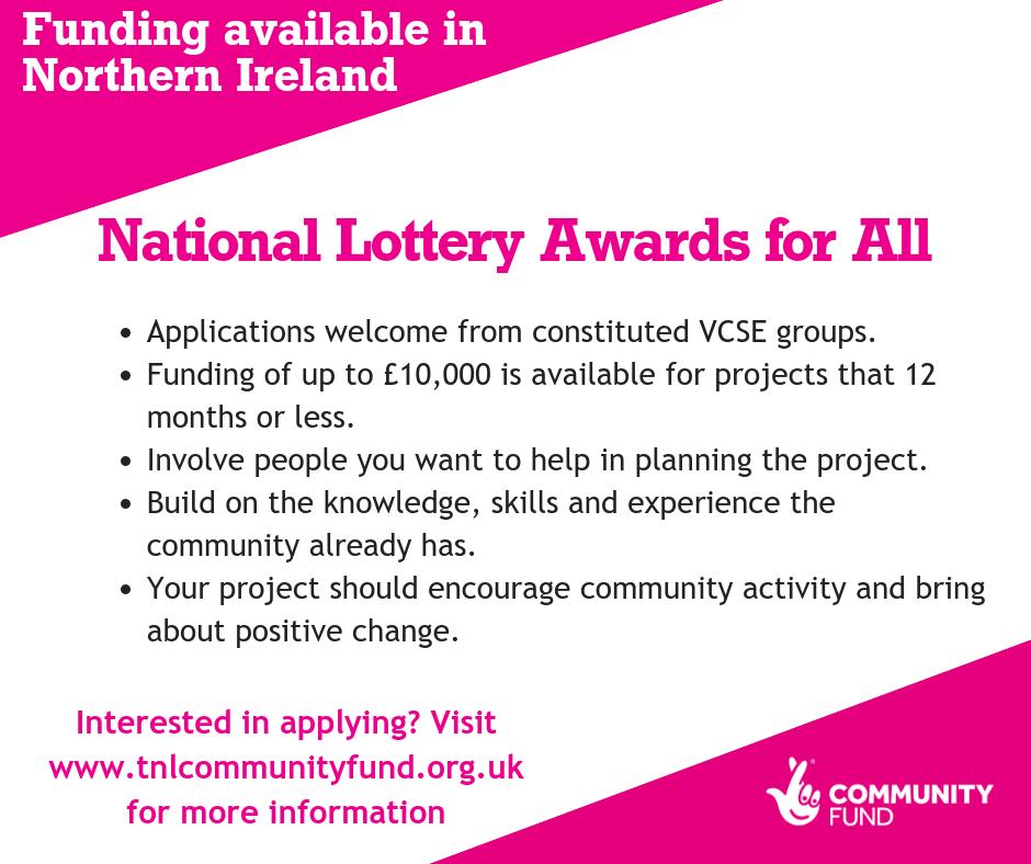 Up to £10,000 is available through National Lottery Awards for All for projects that bring people together to help their communities to thrive. The application is simple and you can talk to us about your project at any time.

For more information, head to ow.ly/VbuX50uE7pE