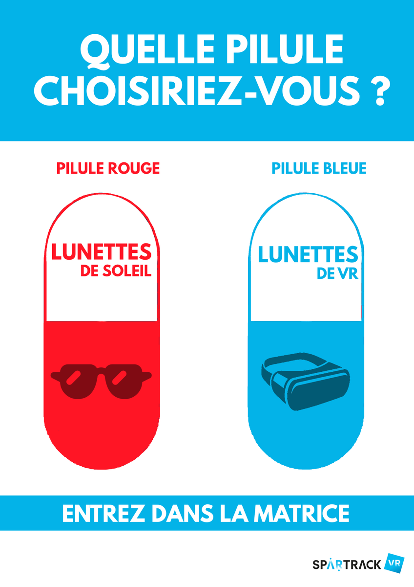 SpartrackVR's tweet photo. Vous êtes plutôt quelle pilule ? 😉
Fav pour les lunettes de VR
RT pour les lunettes de soleil
#VR #teambuilding #Matrix #spartrackVR https://t.co/YOIz781gHU