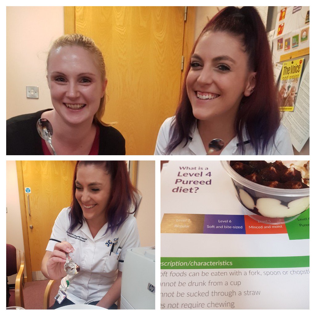 CAVUHB_SLT's tweet photo. Sarah A demonstrating her skills (with help from our SLT student) in ensuring that the ward's Tiramisu is definitely Level 4 #IDDSI #ItsAHardJob #TakingOneForTheTeam @RCSLTWales @CMUSLT_SOC @cav_dietetics https://t.co/FV3mA1KavA
