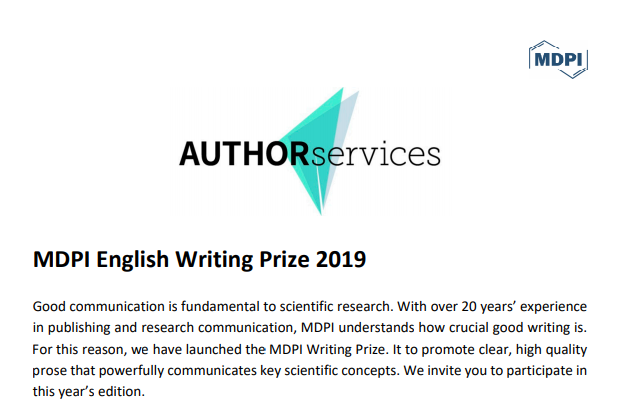 MDPIOpenAccess's tweet photo. We've launched the second edition of the MDPI Writing Prize! The competition is open to non‐native English speakers #PhDStudent or #postdoc. This year’s theme is 

“Judging research: How should research and researchers be evaluated and rewarded?” 

+ Info: https://t.co/O3XLWMnG4w https://t.co/AylLRQbSVx