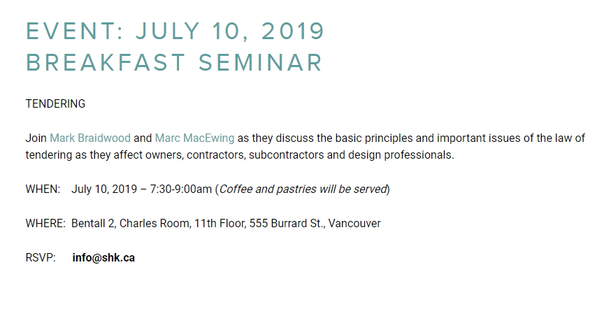 SHKlaw's tweet photo. Join @SHKlaw's Mark Braidwood and Marc MacEwing as they discuss the basic principles and important issues of the law of tendering as they affect owners, contractors, subcontractors and design professionals. 

For further information and to RSVP, visit: https://t.co/8IBgDfUma9 https://t.co/1pcDpkO7BW