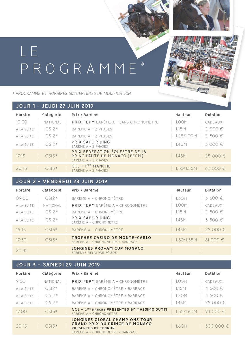 [PROGRAMME 2019] 🇲🇨

Jetez un coup d'oeil sur le programme ! 👀
Les meilleurs cavaliers mondiaux seront cette année encore au rendez-vous pour nous offrir un spectacle de haut niveau, émotions garanties ! ✨🏇

Horaires, start lists et résultats 👉 bit.ly/LGCTMonaco-tim…