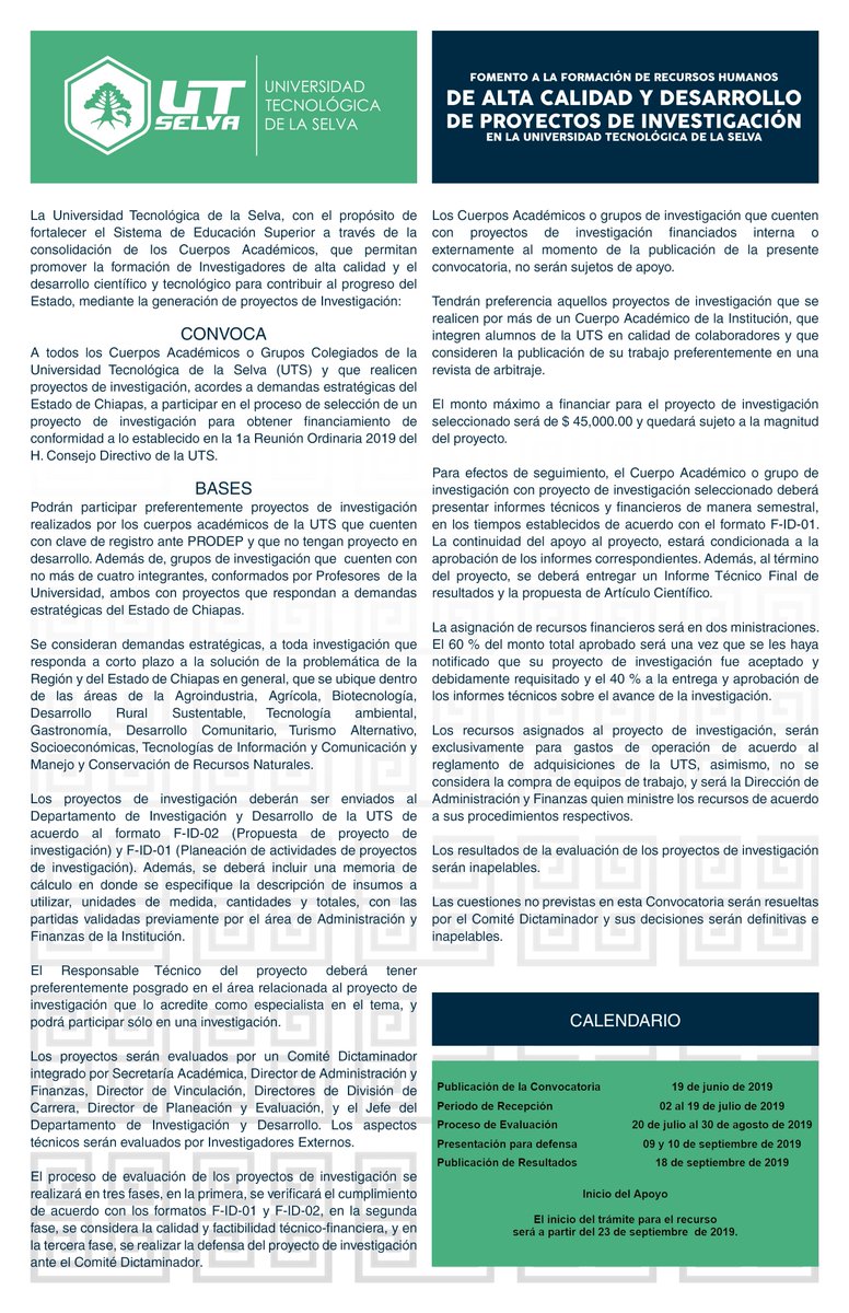 UTSelva2's tweet photo. La Universidad Tecnológica de la Selva,  convoca a los cuerpos académicos o grupos colegiados UTSelva, a participar en el proceso de selección de un proyecto de Investigación: Fomento a la Formación de Recursos Humanos de Alta Calidad y Desarrollo de Proyectos de Investigación https://t.co/lemclYA8y6