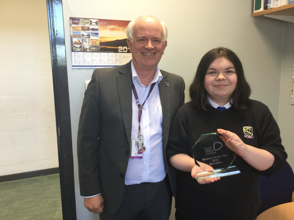 Very proud of Eve Miller who has been chosen by <a href="/FVCollege/">Forth Valley College</a> as the SCOTs pupil of the year 2019.  Here she is with @FvcErnie receiving her award.