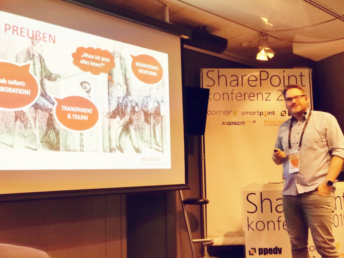 ragnarh's tweet image. Nun berichtet @fschuetz365 von #Office365 Einführung bei @OttoGroup_Com und weshalb durch schulische Sozialisation Teilen so schwer fällt. #SPKonfAT