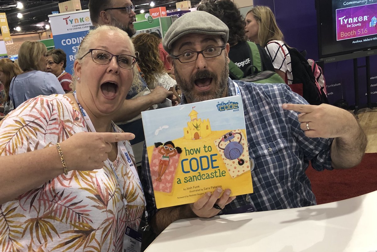 DJHubbell's tweet photo. Loved meeting @joshfunkbooks author of #howtocodeasandcastle at #ISTE19 Coding and literature...amazing combination! https://t.co/qFF3GHxzs7