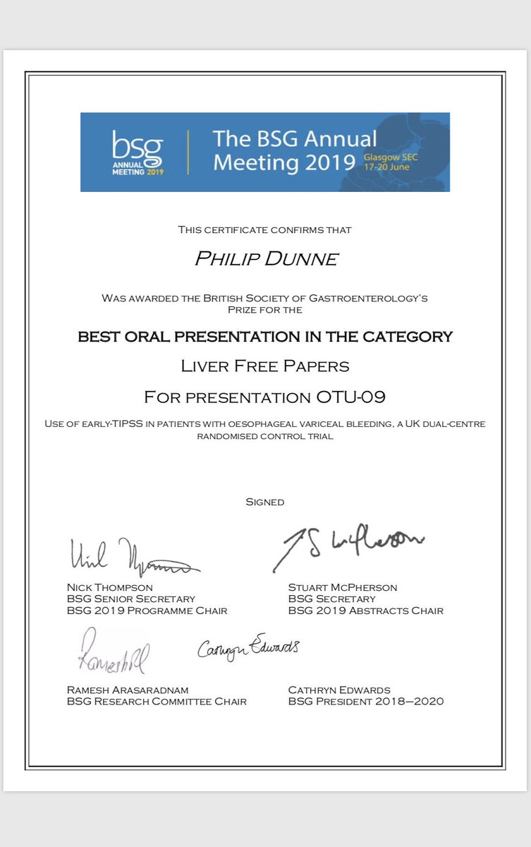 Delighted to win a best oral presentation at #BSG2019 great to have positive feedback and promotion of an import issue, “early” TIPSS does not improve survival post OV Bleeding compared to standard of care in our RCT. Full paper to follow.