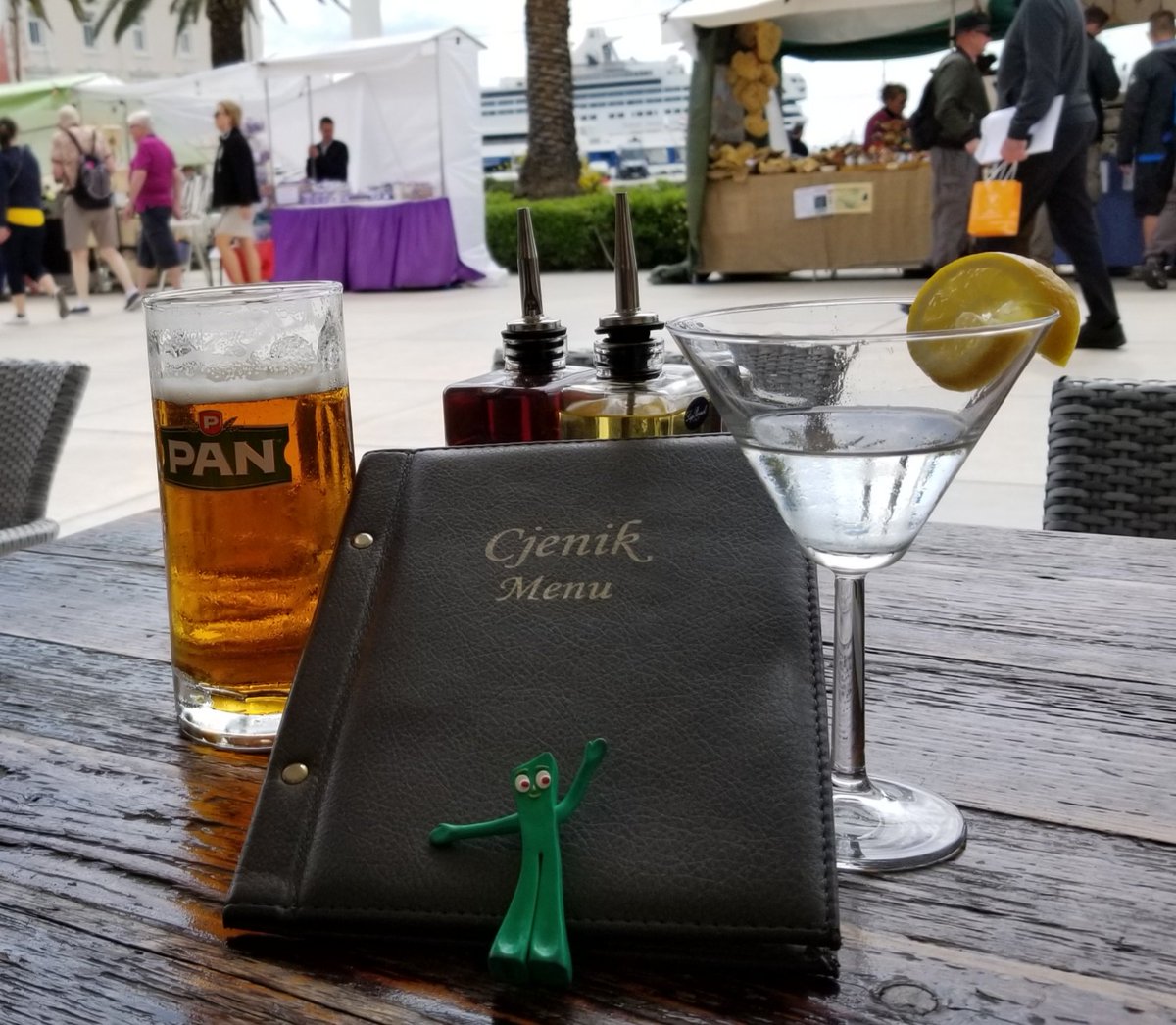 Loving Split Croatia w Pan Croatia Lager w our lunch of Mijesano Meso (mixed meat plate of all) at Cjenik. Crisp and subtle wish we had at home. View of our ship doesn't hurt. Enjoy beer everwhere #gumby #beerlover