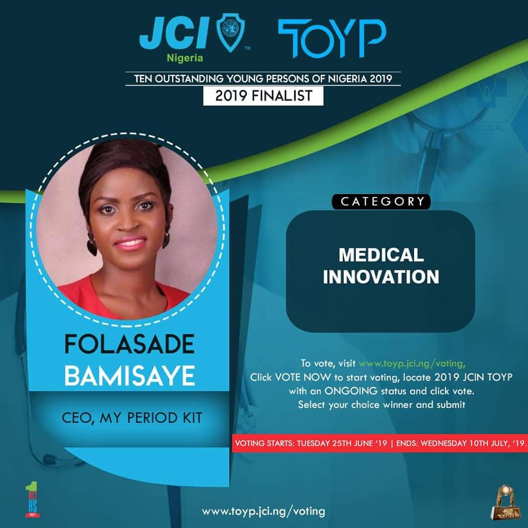 myperiodkit's tweet photo. Our CEO was nominated for 2019 JCI Ten Outstanding Young Persons of Nigeria
To Vote: 
1. Click on this link https://t.co/vlVG6kmN0l
Scroll down to 2019 JCIN TOYP, click Vote, Click enter, Click vote, Proceed to Medical Innovation! And Click vote on the name Folasade Bamisaye. https://t.co/USfh2H1O0o