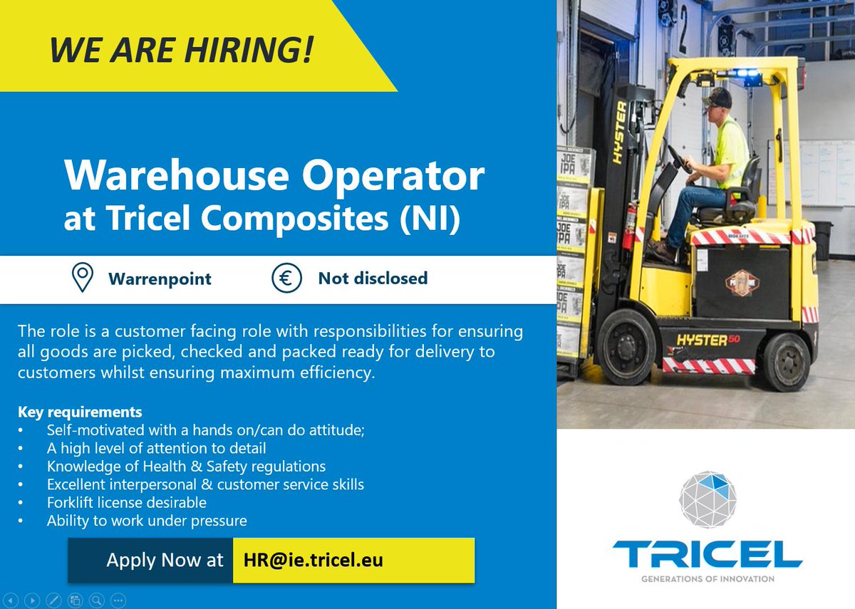 It doesn't happen very often but WE'RE HIRING! We have a great opportunity for a Warehouse Operator to join our team in Warrenpoint, Co.Down. The last date for applications is the 8th of July.

#jobfairyni #nijobfinder #northernirelandjobs #countydown