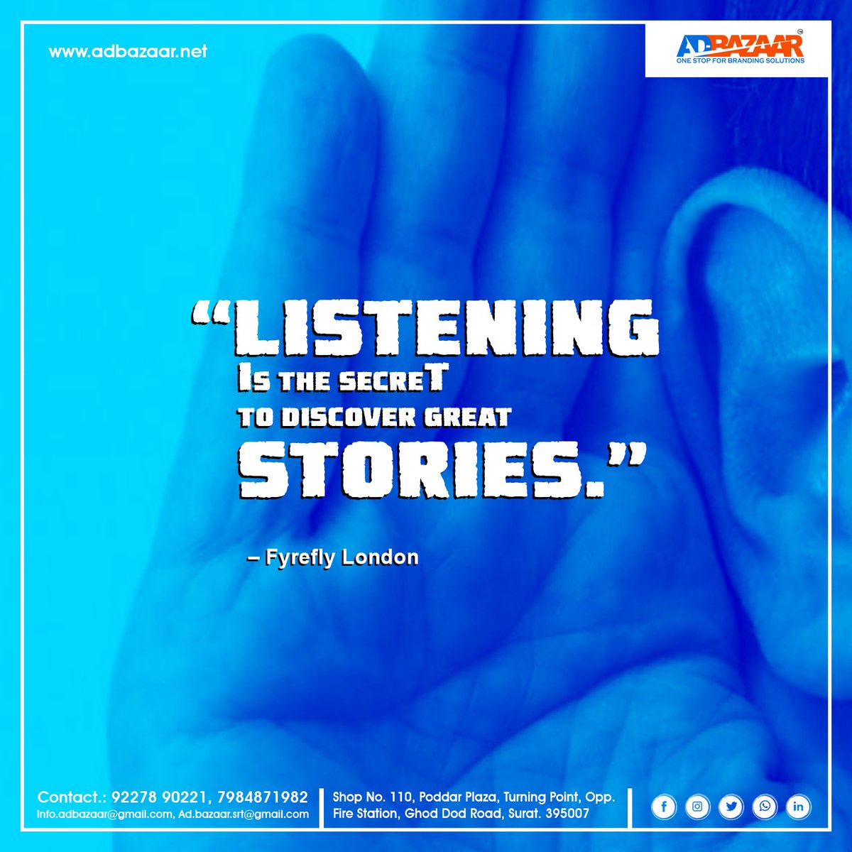 adbazaar_advt's tweet photo. Listening to things gives rise to new stories.
Are you listening the stories.
#Surat #Gujarat #adbazaar #business #advertising #graphicdesign #marketing #branding #graphic #love #kirangd #fashion #like #work #design #advertisment #socialmedia #instagram #motivationalquotes https://t.co/ZBrQuXpPXQ