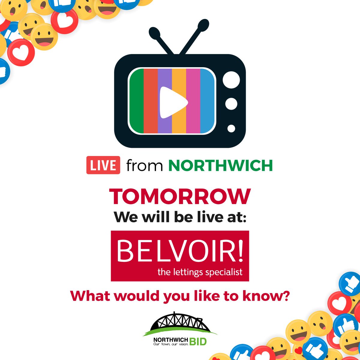 Live from #Northwich returns tomorrow and this time we'll be presenting from <a href="/BelvoirN/">Belvoir Letting Agents Northwich & Congleton</a>! 

Do you have any questions that you'd like us to ask them?

<a href="/TeamBID/">Groundwork BID Team</a> <a href="/GroundworkCLM/">Groundwork in Cheshire, Lancashire & Merseyside</a> <a href="/ilovenorthwich/">ILoveNorthwich</a> <a href="/ShoutNorthwich/">Shout Northwich</a> <a href="/NorthwichFans/">Positive Northwich</a>