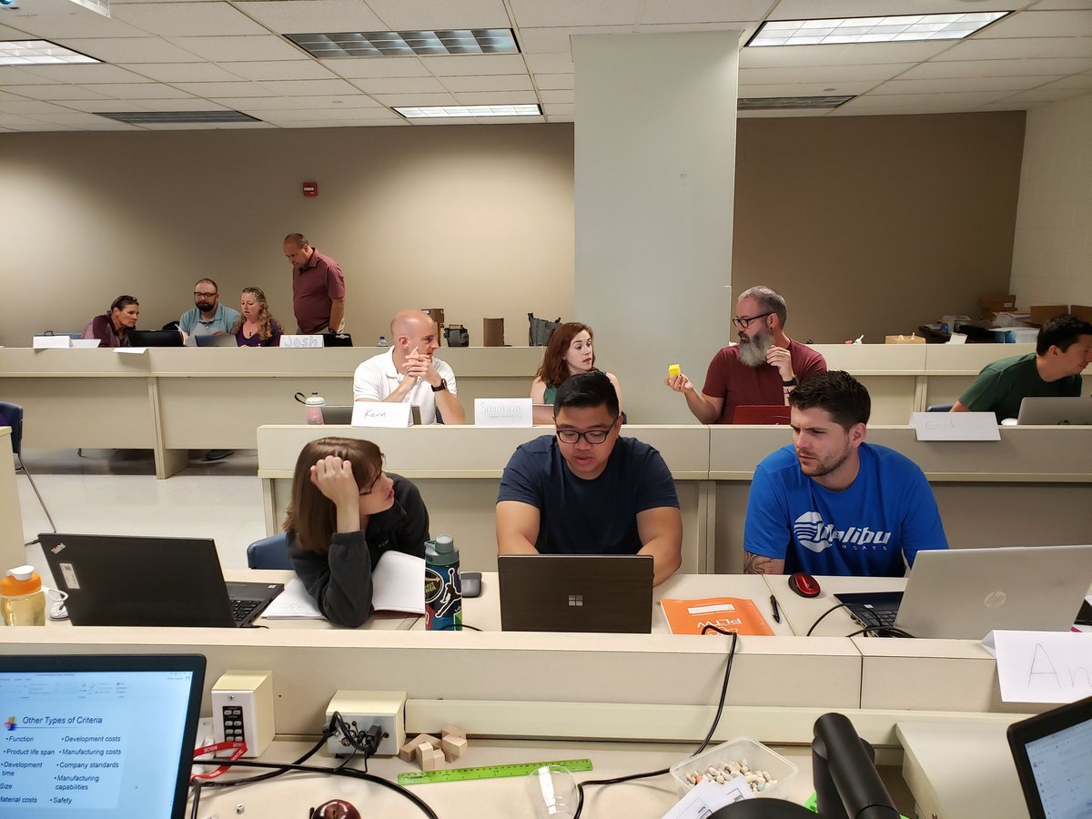 Mythbadger's tweet image. It&apos;s day 3 and teachers are sharing and evaluating their #HappyCube design ideas. #DecisionMatrix #PLTWCT19 @MSOE