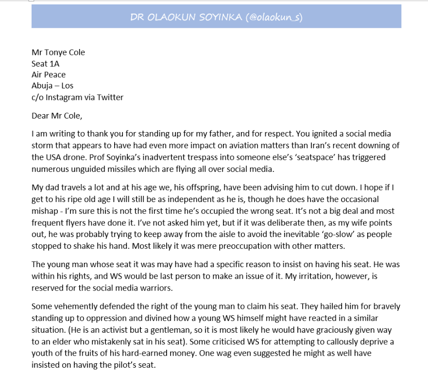 olaokun_s's tweet photo. So my elderly father mistakenly sat in the wrong airplane seat, &amp; moved when asked.
It was a non-event until Mr Tonye Cole did an Instagram post about respect.
I thought I'd write to Mr Cole &amp; share a memory about WS &amp; an airline drama when he was shown great respect indeed. https://t.co/Ix1VtkgOuy