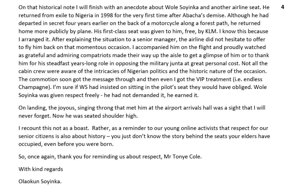 olaokun_s's tweet photo. So my elderly father mistakenly sat in the wrong airplane seat, &amp; moved when asked.
It was a non-event until Mr Tonye Cole did an Instagram post about respect.
I thought I'd write to Mr Cole &amp; share a memory about WS &amp; an airline drama when he was shown great respect indeed. https://t.co/Ix1VtkgOuy