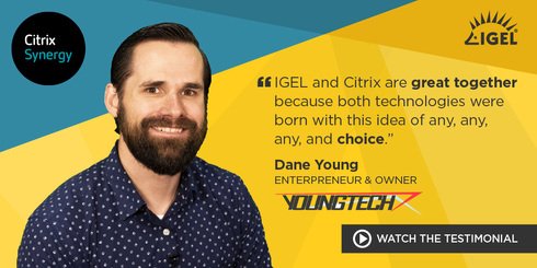 douglasabrown's tweet photo. #CitrixSynergy 2019 Customer Testimonial Video: Dane Young, @youngtech
Dane Young talks about the benefits of #IGEL and @citrix.  https://t.co/DgFIbqAxx8 https://t.co/XkL3LJ8kAC