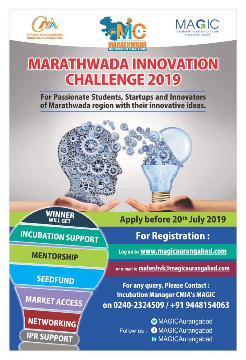 MAGICIncubation's tweet image. Inviting Innovative Ideas in Agriculture, Automobile, Robotics, IoT, Electronics, Healthcare, Tourism, Fin Tech, Edu Tech, Biotech, Defence, Environment Solutions, Big Data, IT &amp;amp; ITES to participate in Marathwada Innovation Challenge (MIC) 2019 to create impact in the Region.